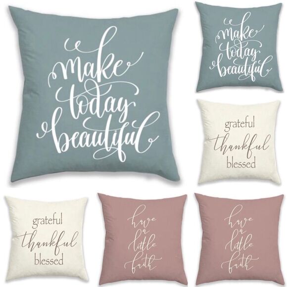 NWT 6 Graphic Inspirational Ivory Green Pink Reversible Pillow/Cushion Covers Pa - Picture 1 of 12
